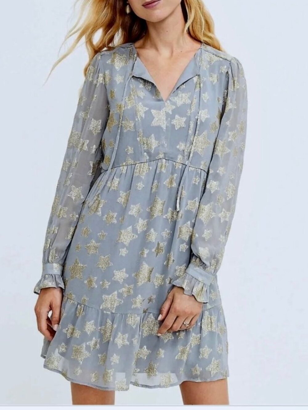 NWT LOFT Petites Gray Chiffon Long Sleeved Dress with Gold Metallic Stars Sz XXS